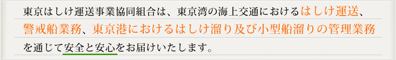 東京はしけ運送事業協同組合は、東京湾の海上交通におけるはしけ運送、警戒船業務、東京港におけるはしけ溜り及び小型船溜りの管理業務を通じて安全と安心をお届けいたします。